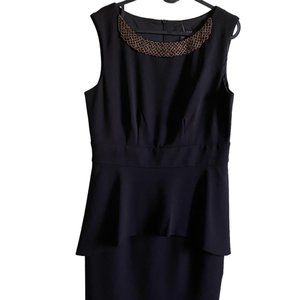 Connected Apparel Formal Black Peplum Dress Gold Beaded Neck Detail Sz 10P